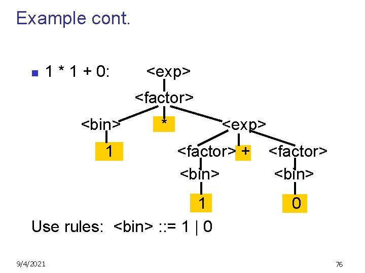 Example cont. n 1 * 1 + 0: <exp> <factor> <bin> 1 * <exp>