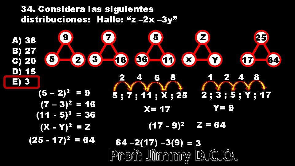 34. Considera las siguientes distribuciones: Halle: “z – 2 x – 3 y” A)