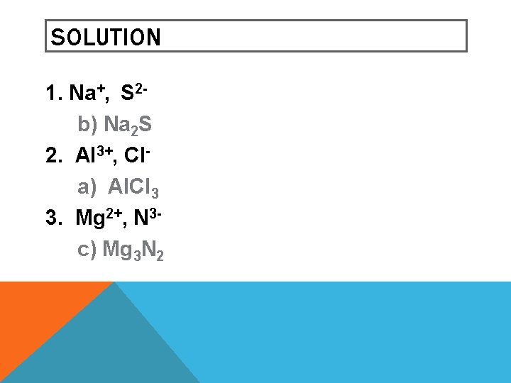 SOLUTION 1. Na+, S 2 b) Na 2 S 2. Al 3+, Cla) Al. SOLUTION 1. Na+, S 2 b) Na 2 S 2. Al 3+, Cla) Al.