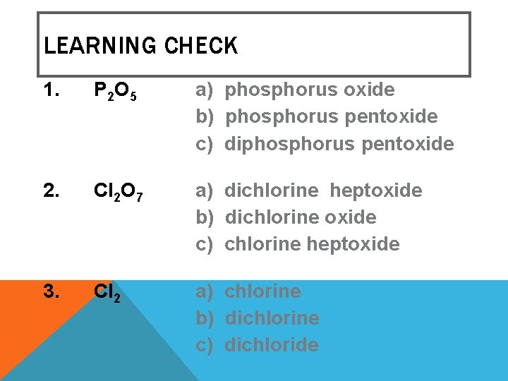 LEARNING CHECK 1. P 2 O 5 a) phosphorus oxide b) phosphorus pentoxide c) LEARNING CHECK 1. P 2 O 5 a) phosphorus oxide b) phosphorus pentoxide c)