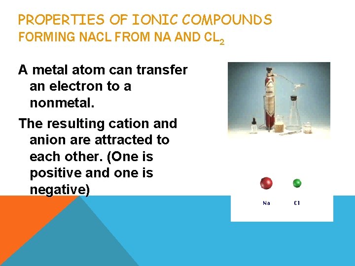 PROPERTIES OF IONIC COMPOUNDS FORMING NACL FROM NA AND CL 2 A metal atom PROPERTIES OF IONIC COMPOUNDS FORMING NACL FROM NA AND CL 2 A metal atom