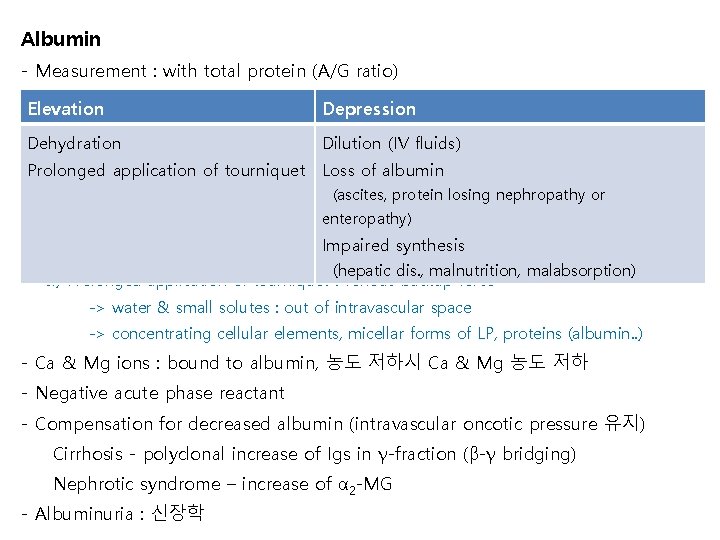 Albumin - Measurement : with total protein (A/G ratio) Elevation Depression Dehydration Dilution (IV