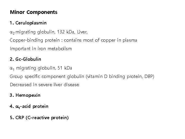 Minor Components 1. Ceruloplasmin α 2 migrating globulin, 132 k. Da, Liver, Copper-binding protein