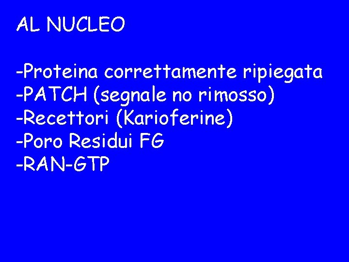 AL NUCLEO -Proteina correttamente ripiegata -PATCH (segnale no rimosso) -Recettori (Karioferine) -Poro Residui FG