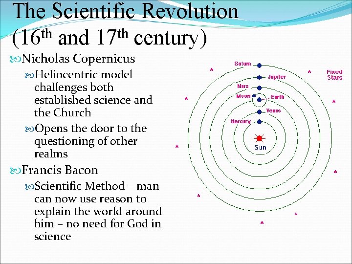 The Scientific Revolution (16 th and 17 th century) Nicholas Copernicus Heliocentric model challenges