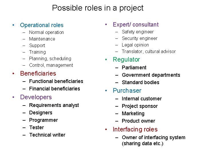 Possible roles in a project • Operational roles – – – Normal operation Maintenance