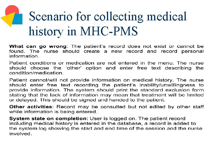 Scenario for collecting medical history in MHC-PMS 