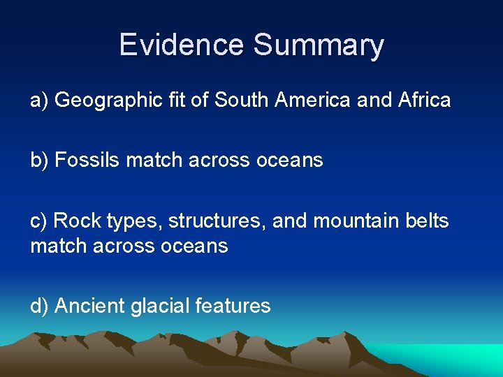 Evidence Summary a) Geographic fit of South America and Africa b) Fossils match across