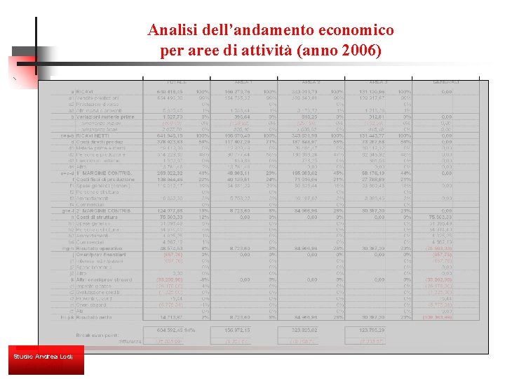 Analisi dell’andamento economico per aree di attività (anno 2006) Studio Andrea Lodi 