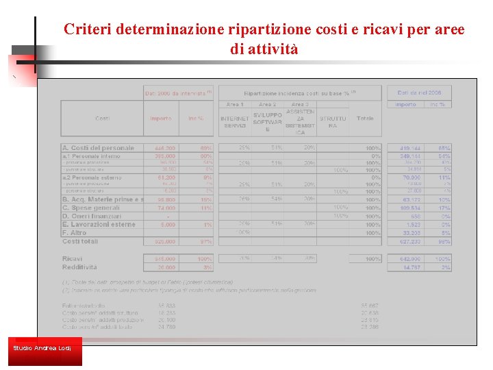 Criteri determinazione ripartizione costi e ricavi per aree di attività Studio Andrea Lodi 