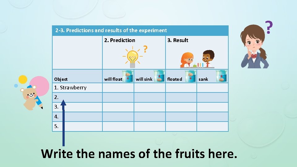 2 -3. Predictions and results of the experiment 2. Prediction Object will float 3.