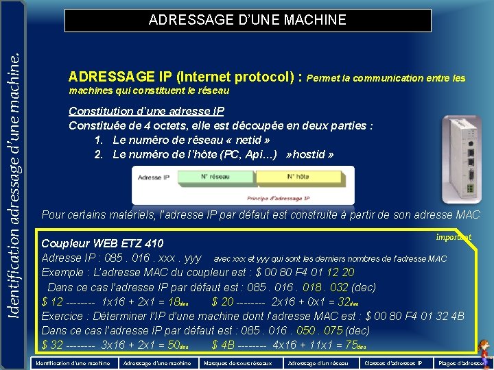 Identification adressage d’une machine. ADRESSAGE D’UNE MACHINE ADRESSAGE IP (Internet protocol) : Permet la