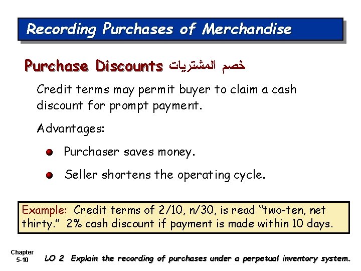 Recording Purchases of Merchandise Purchase Discounts ﺧﺼﻢ ﺍﻟﻤﺸﺘﺮﻳﺎﺕ Credit terms may permit buyer to