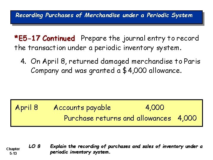 Recording Purchases of Merchandise under a Periodic System *E 5 -17 Continued Prepare the