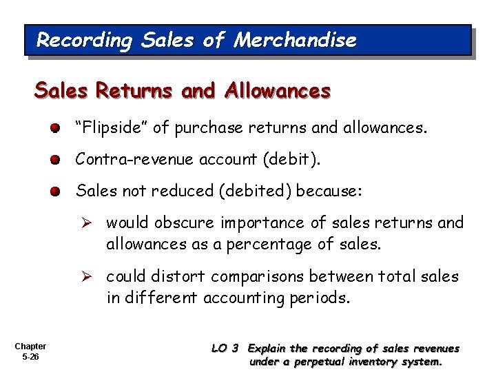 Recording Sales of Merchandise Sales Returns and Allowances “Flipside” of purchase returns and allowances.