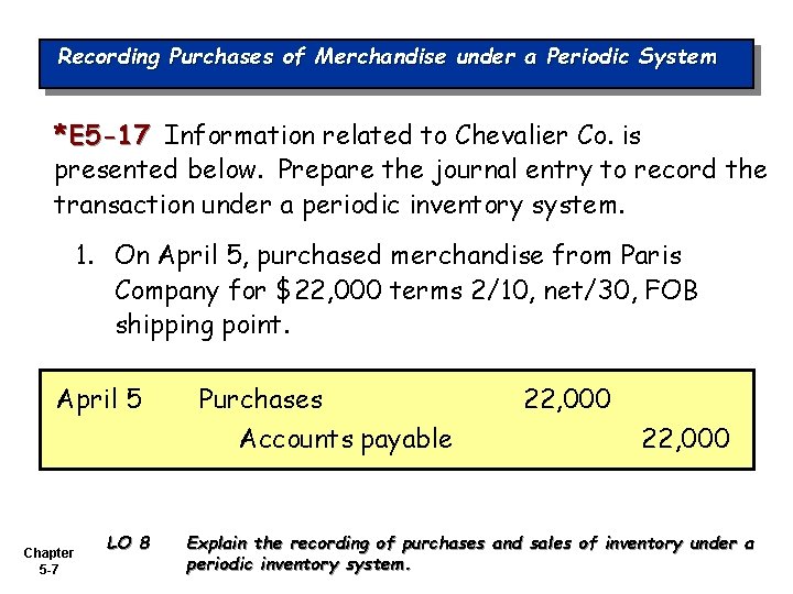 Recording Purchases of Merchandise under a Periodic System *E 5 -17 Information related to