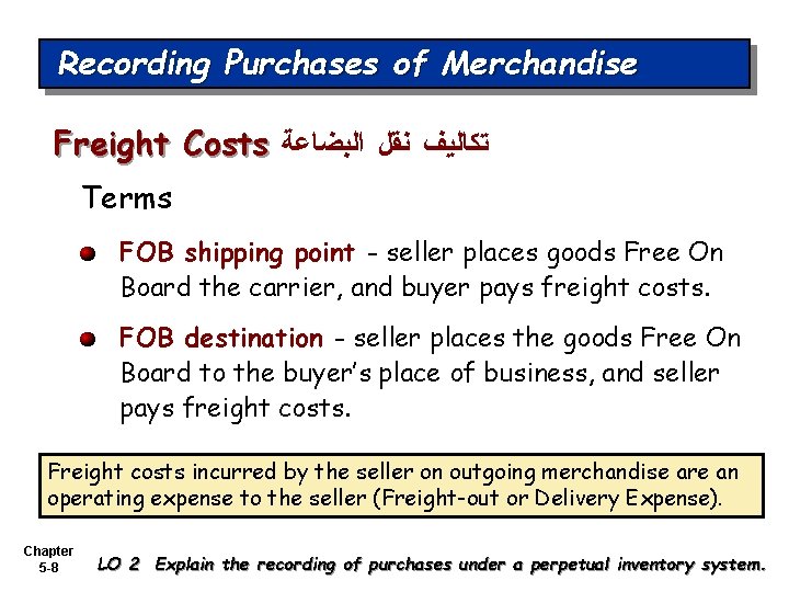 Recording Purchases of Merchandise Freight Costs ﺗﻜﺎﻟﻴﻒ ﻧﻘﻞ ﺍﻟﺒﻀﺎﻋﺔ Terms FOB shipping point -