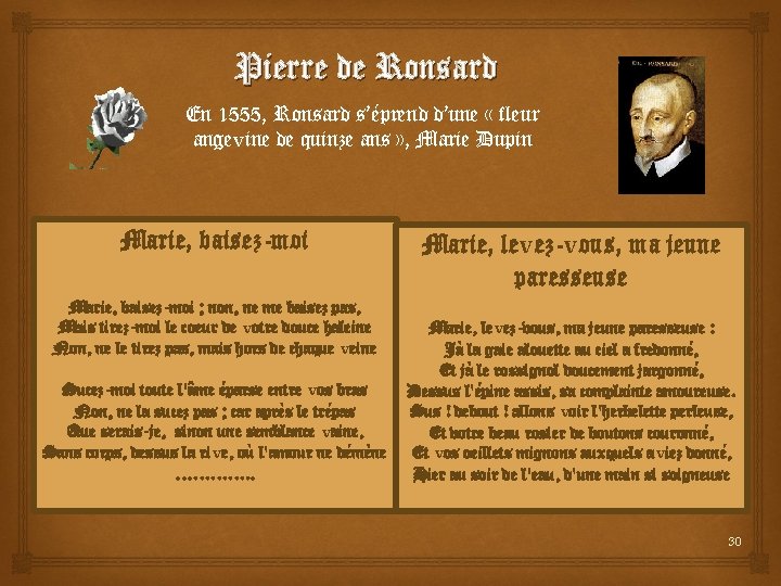 Pierre de Ronsard En 1555, Ronsard s’éprend d’une « fleur angevine de quinze ans
