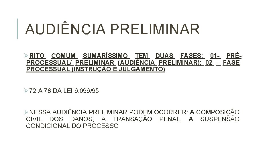 AUDIÊNCIA PRELIMINAR ØRITO COMUM SUMARÍSSIMO TEM DUAS FASES: 01 - PRÉPROCESSUAL/ PRELIMINAR (AUDIÊNCIA PRELIMINAR);