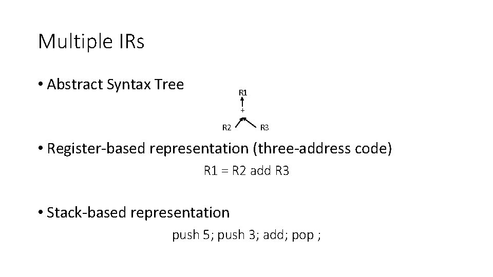 Multiple IRs • Abstract Syntax Tree R 1 + R 2 R 3 •