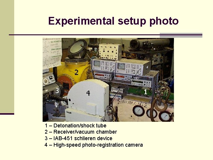 Experimental setup photo 1 – Detonation/shock tube 2 – Receiver/vacuum chamber 3 – IAB-451