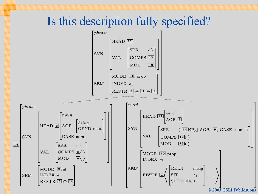 Is this description fully specified? Ó 2003 CSLI Publications 