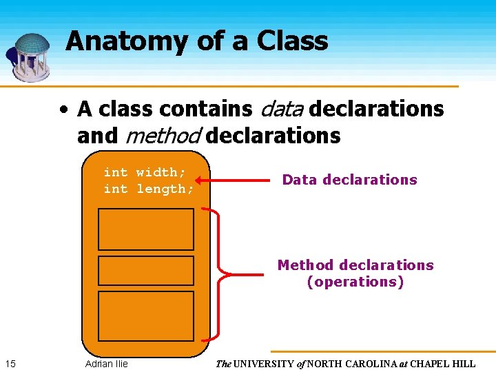 Anatomy of a Class • A class contains data declarations and method declarations int