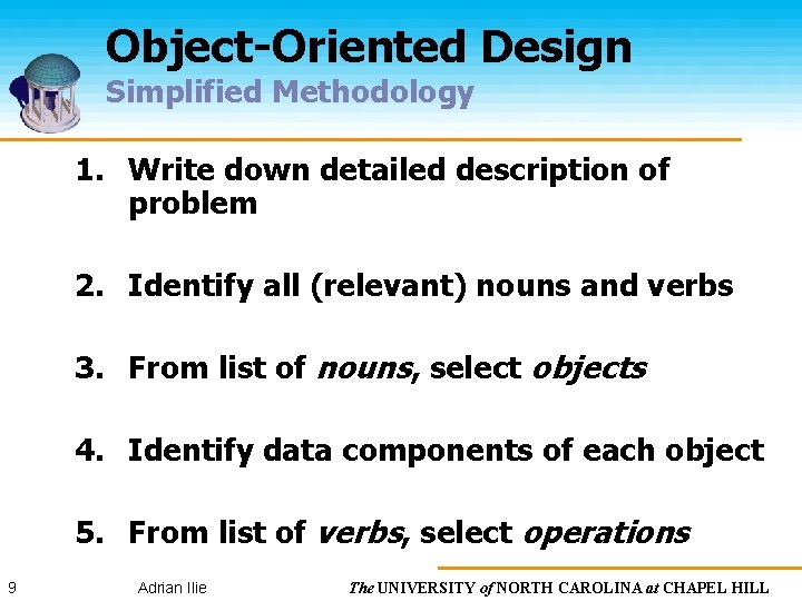 Object-Oriented Design Simplified Methodology 1. Write down detailed description of problem 2. Identify all