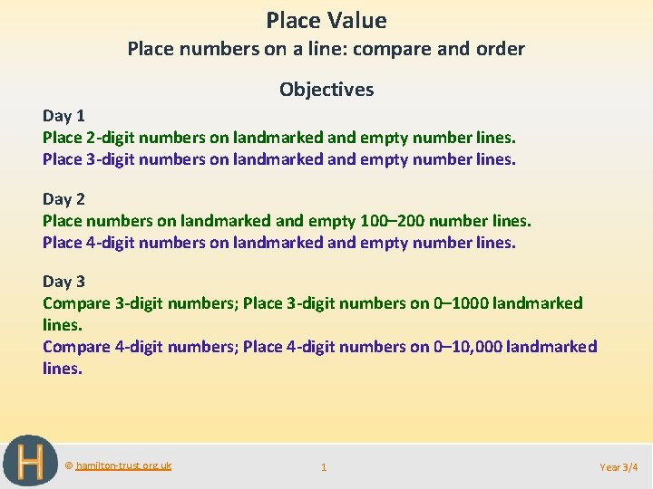 Place Value Place numbers on a line: compare and order Objectives Day 1 Place