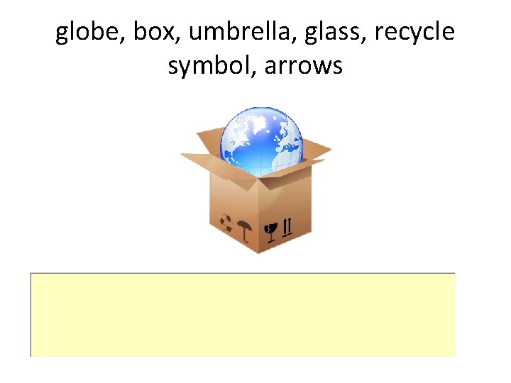 globe, box, umbrella, glass, recycle symbol, arrows 