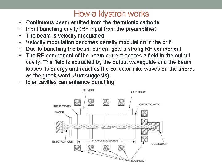 How a klystron works • • • Continuous beam emitted from thermionic cathode Input