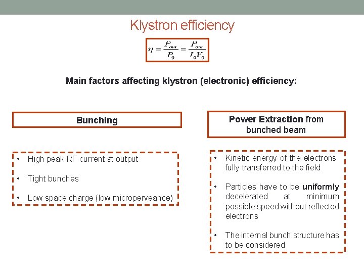 Klystron efficiency Main factors affecting klystron (electronic) efficiency: Power Extraction from bunched beam Bunching