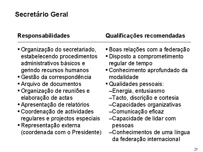 Secretário Geral Responsabilidades Qualificações recomendadas • Organização do secretariado, • Boas relações com a