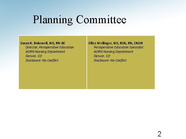 Planning Committee Susan K. Bakewell, MS, RN-BC Director, Perioperative Education AORN Nursing Department Denver,