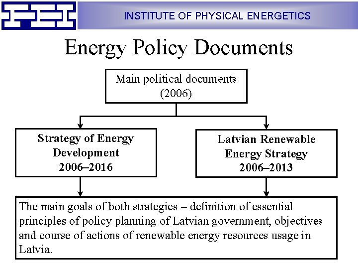 INSTITUTE OF PHYSICAL ENERGETICS Energy Policy Documents Main political documents (2006) Strategy of Energy