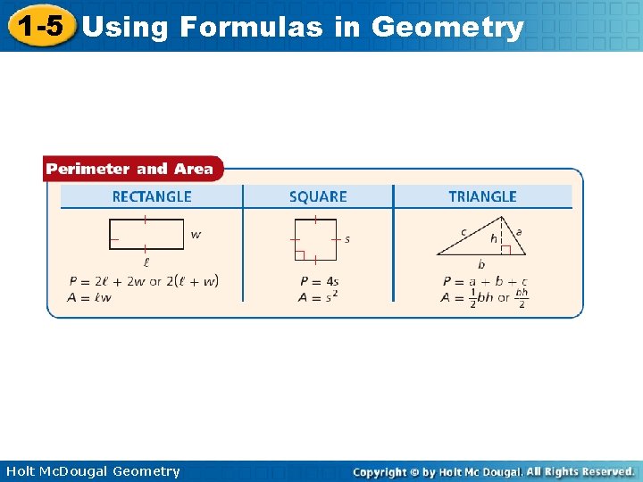 1 -5 Using Formulas in Geometry Holt Mc. Dougal Geometry 