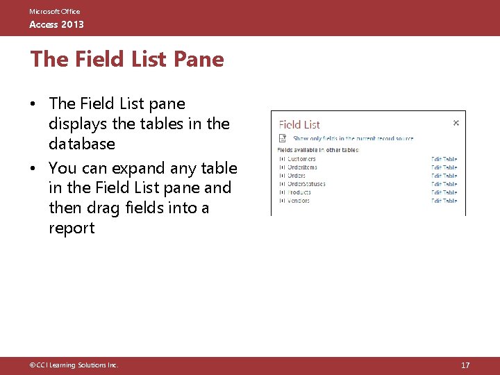 Microsoft Office Access 2013 The Field List Pane • The Field List pane displays