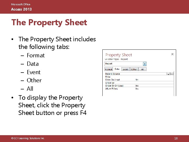 Microsoft Office Access 2013 The Property Sheet • The Property Sheet includes the following