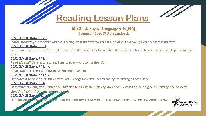 Reading Lesson Plans 5 th Grade English Language