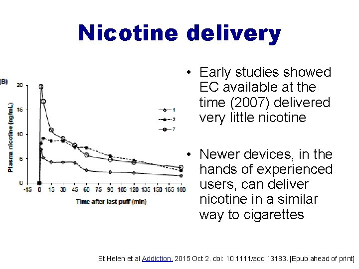 Nicotine delivery • Early studies showed EC available at the time (2007) delivered very