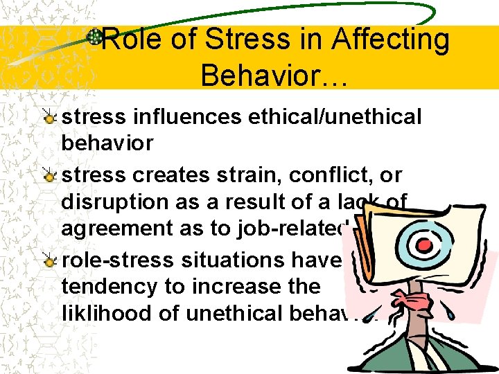 Role of Stress in Affecting Behavior… stress influences ethical/unethical behavior stress creates strain, conflict,