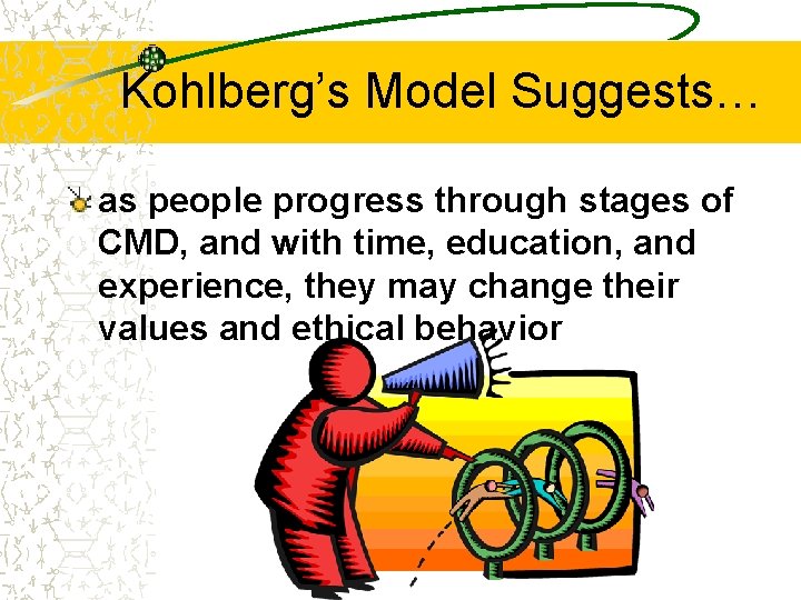Kohlberg’s Model Suggests… as people progress through stages of CMD, and with time, education,