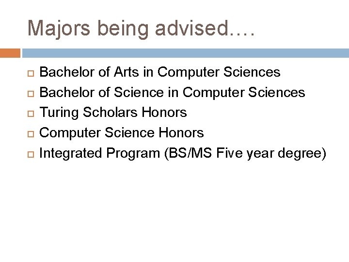 Majors being advised…. Bachelor of Arts in Computer Sciences Bachelor of Science in Computer