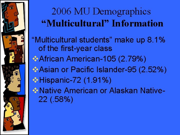 2006 MU Demographics “Multicultural” Information “Multicultural students” make up 8. 1% of the first-year