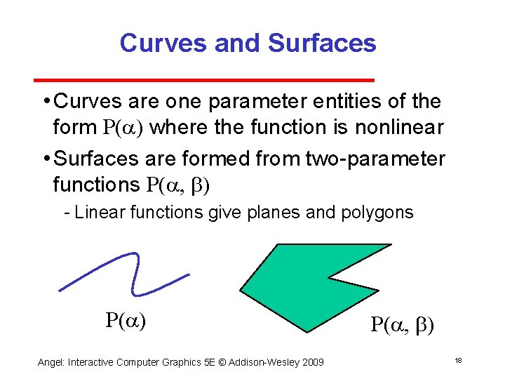 Curves and Surfaces • Curves are one parameter entities of the form P( )