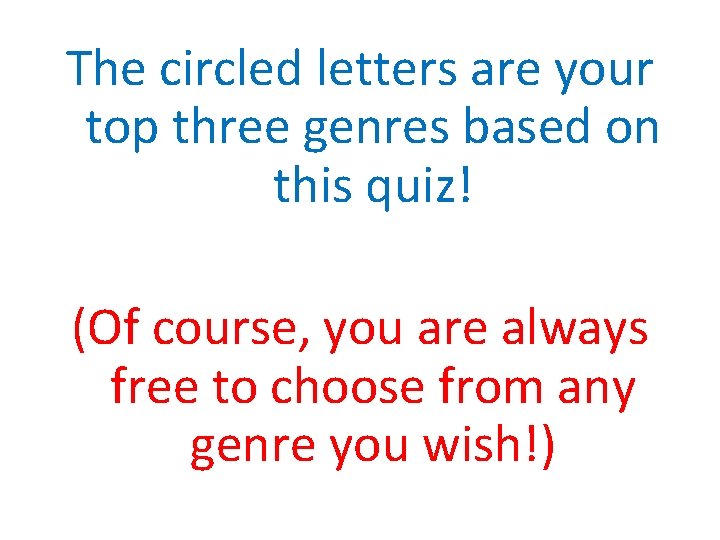 The circled letters are your top three genres based on this quiz! (Of course,