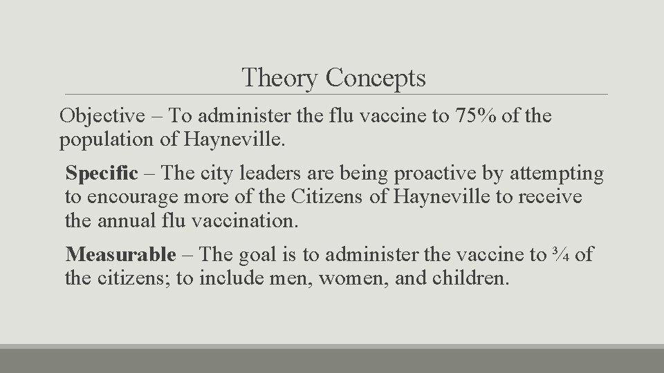 Theory Concepts Objective – To administer the flu vaccine to 75% of the population