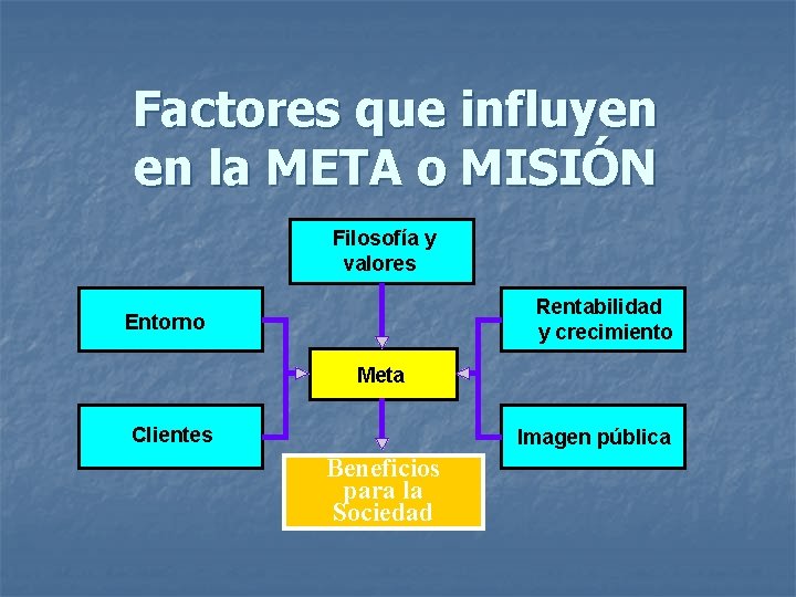 Factores que influyen en la META o MISIÓN Filosofía y valores Rentabilidad y crecimiento