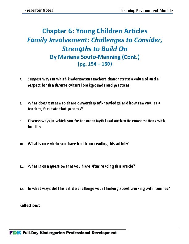 Presenter Notes Learning Environment Module Chapter 6: Young Children Articles Family Involvement: Challenges to