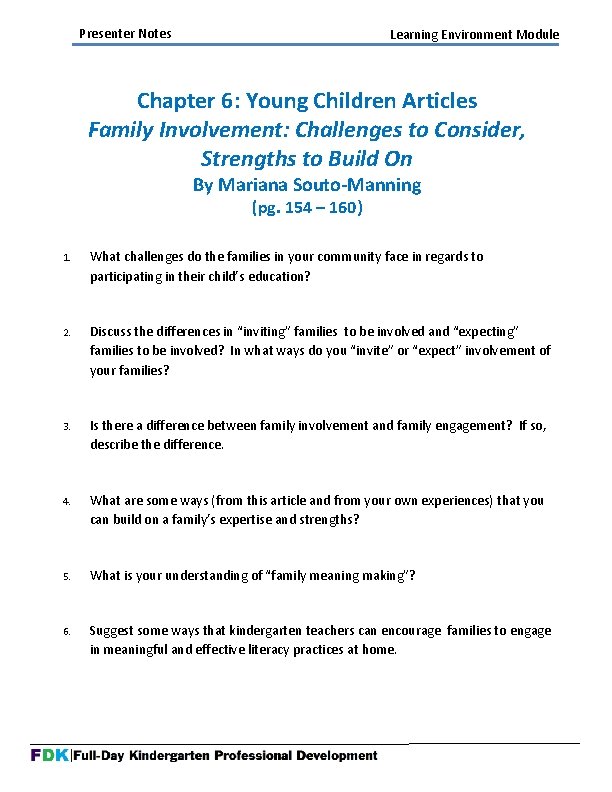 Presenter Notes Learning Environment Module Chapter 6: Young Children Articles Family Involvement: Challenges to